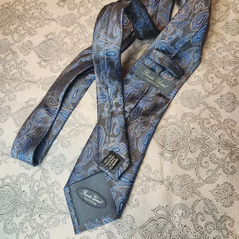 Pronto Uomo Platinum 100% Silk Blue and Brown Paisley Necktie